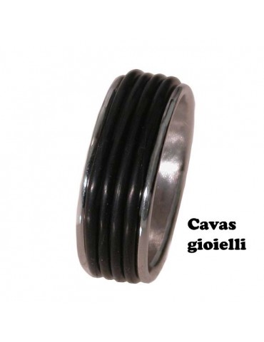silver band ring with inserted black rubber wires
